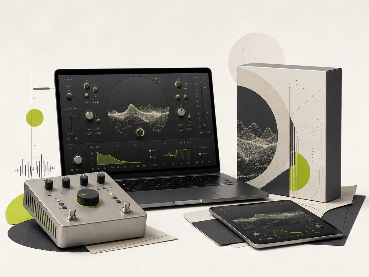 Finished audio tool shown on a laptop, controller, tablet, and product box
