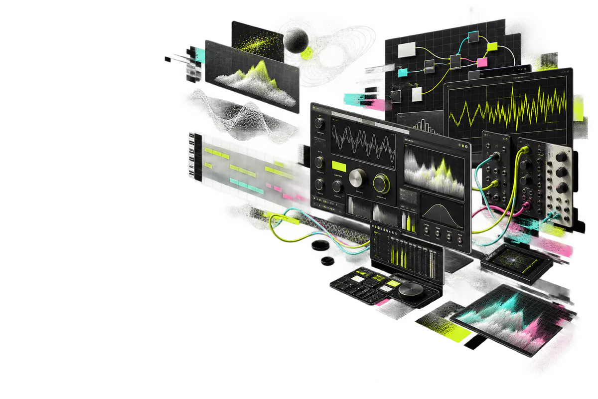 A visual workspace for assembling an audio tool from reusable parts
